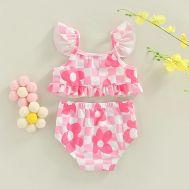 Pink Floral Checkered Baby Swimsuit