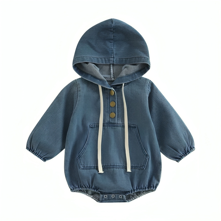 Full Denim Hooded Long Sleeve Baby Romper