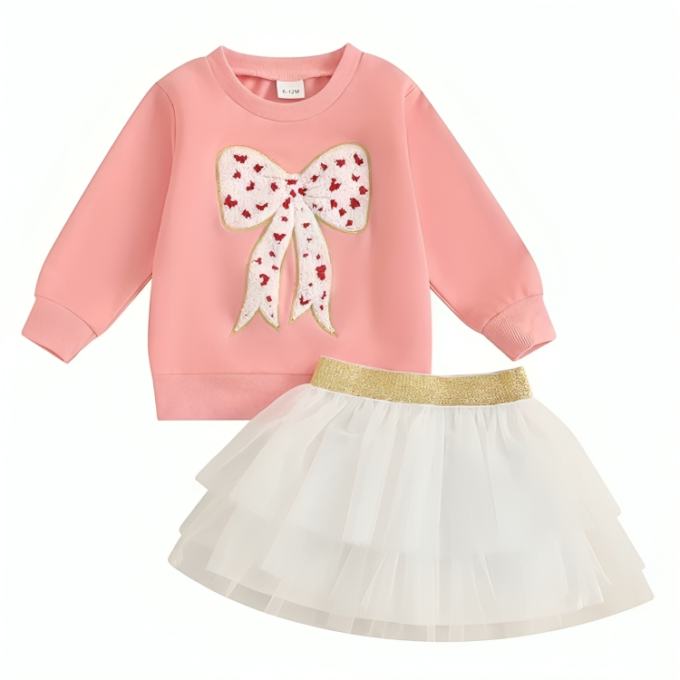 Long Sleeve Embroidered Bow Tulle Skirt Set