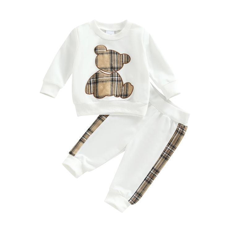 Plaid Bear Pullover Sweatshirt Baby Set