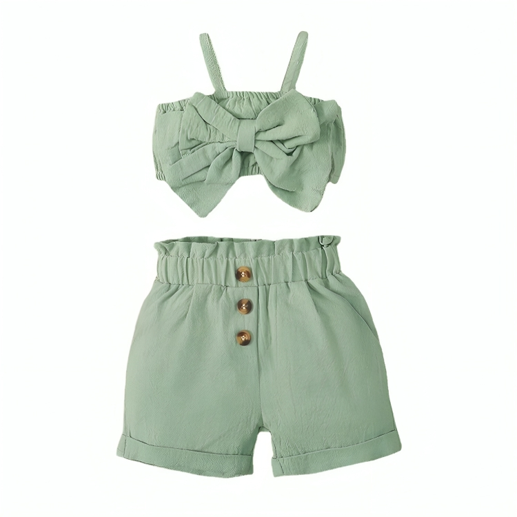 Green Sleeveless Suspender Bow Top Set