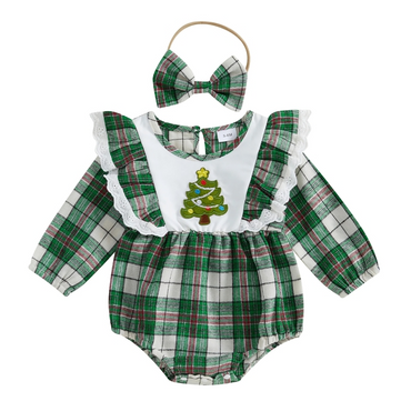 Cute Christmas Lace Plaid Baby Romper Set