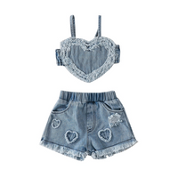 Denim Heart Crop Top Summer Set