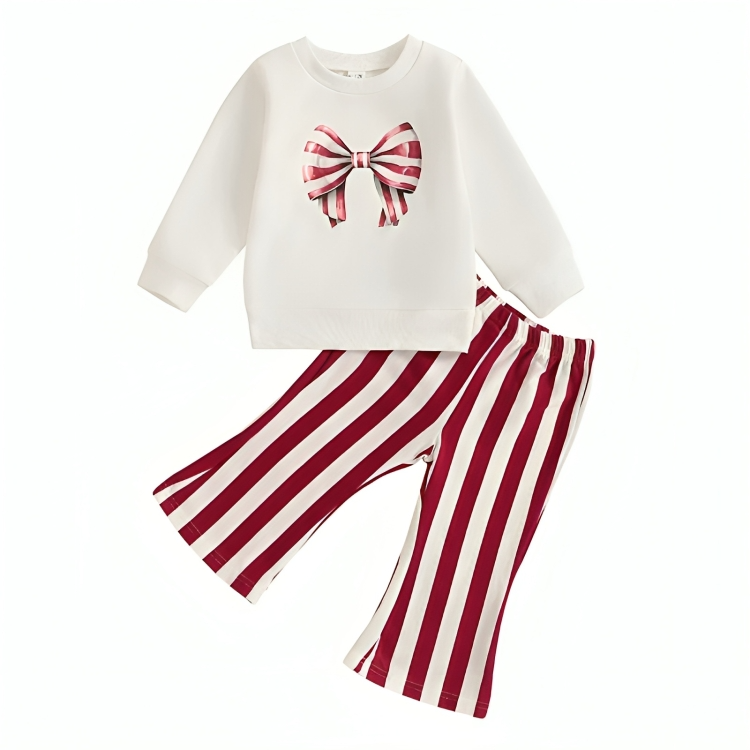 Long Sleeve Striped Bow Print Flare Baby Set