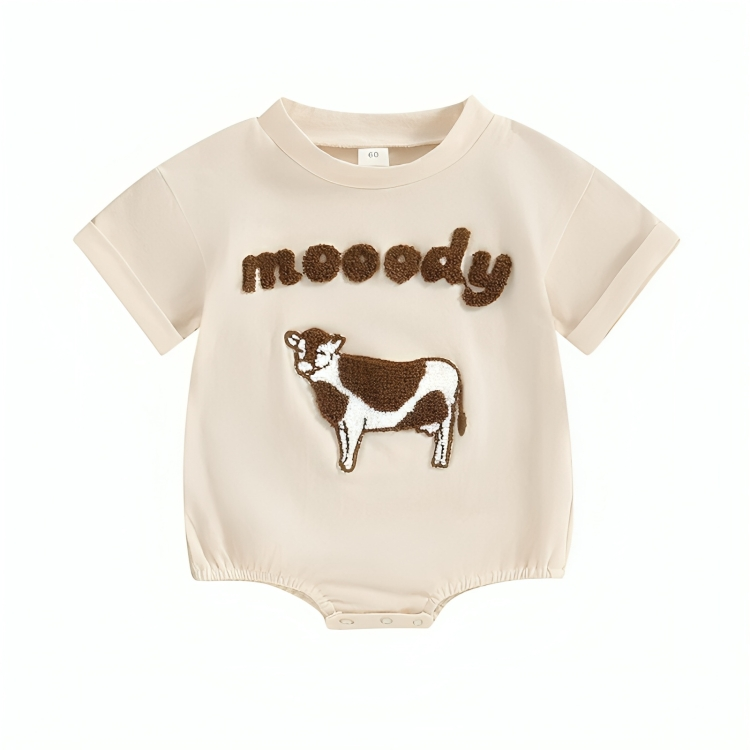 Short Sleeve Moody Cow Embroidered Baby Bodysuit