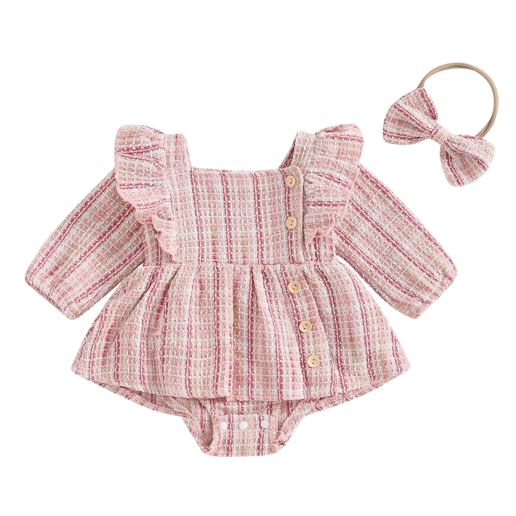 Long Sleeve Plaid Buttoned Romper Set