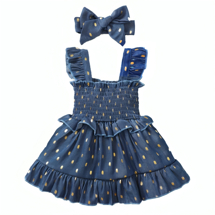 Golden Dot Slip Blue Bow Dress