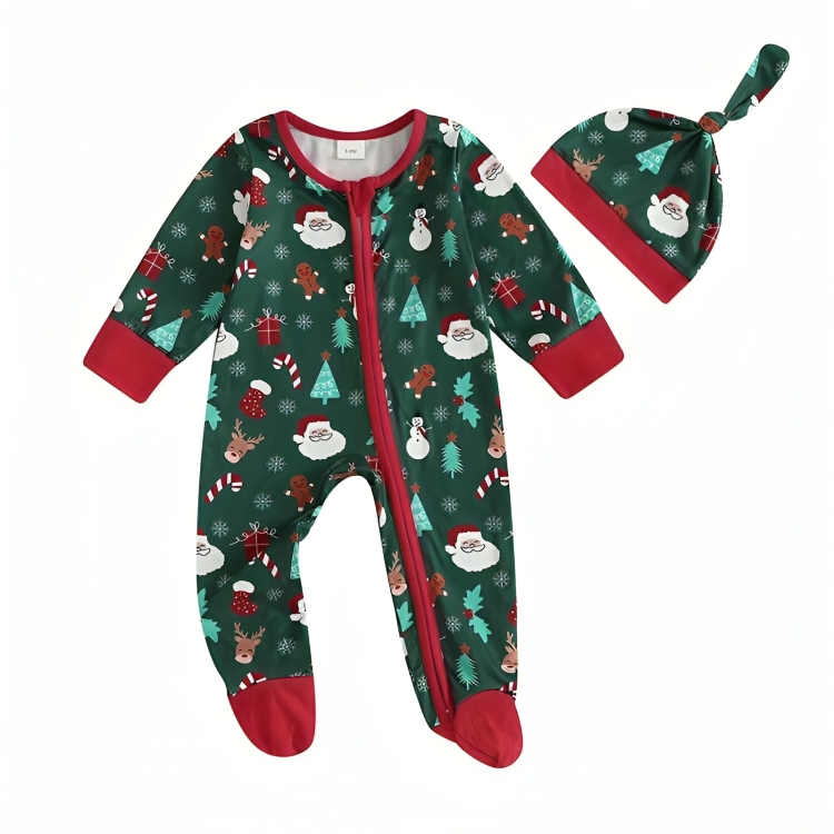 Green Christmas Zipper Footed Baby Jumpsuit