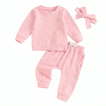 Long Sleeve Solid Embroidered Flowers Baby Set