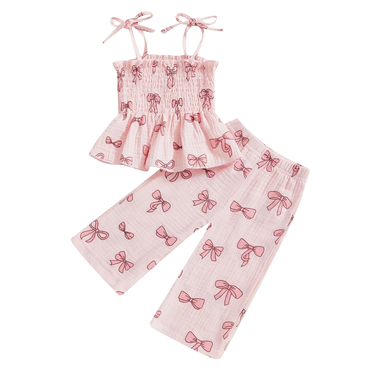 Sleeveless Bows Smocked Strap Toddler Set