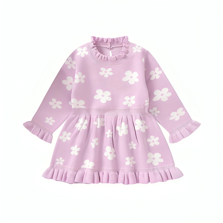 Long Sleeve Floral Ruffled Baby Sweater Dress