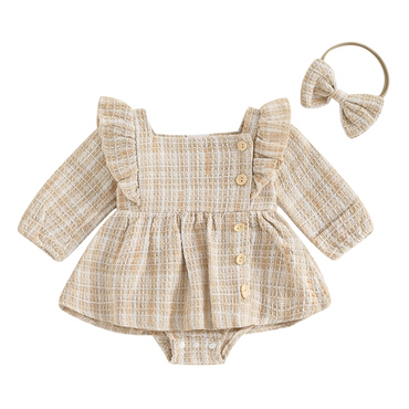 Long Sleeve Plaid Buttoned Romper Set