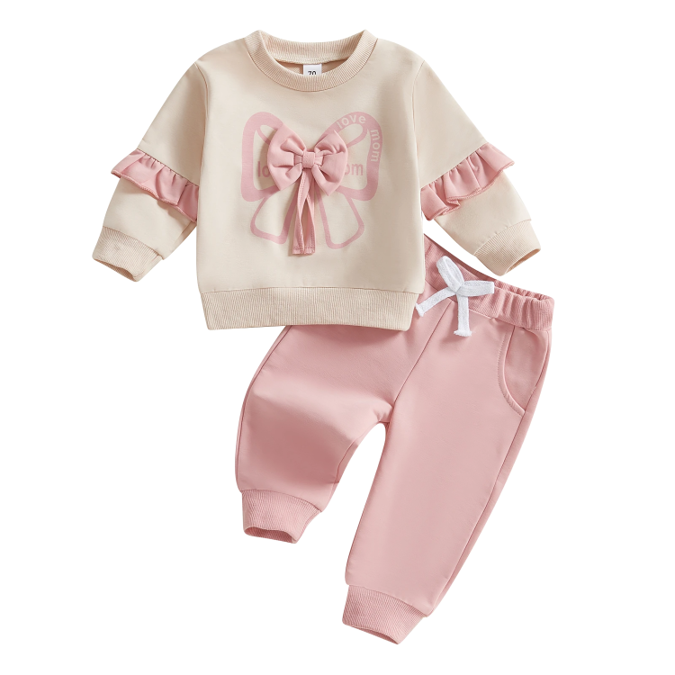 Long Sleeve Ruffled Bowknot Baby Set