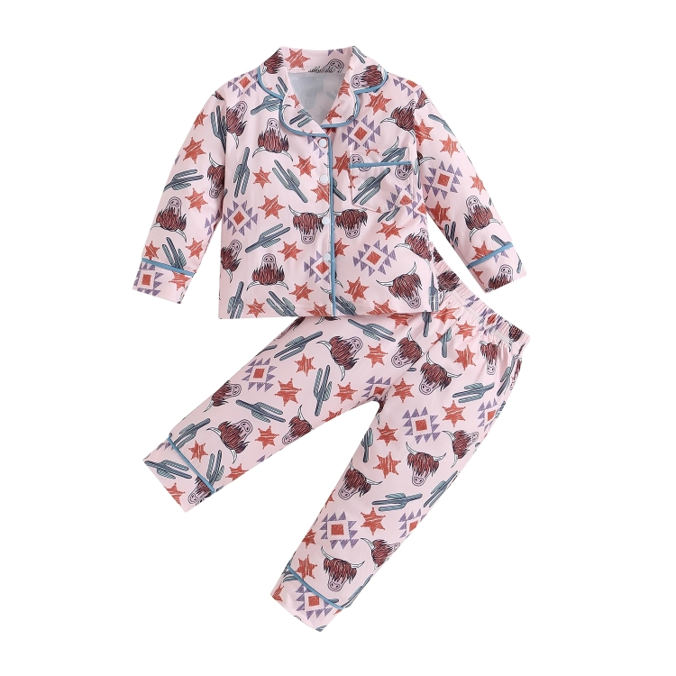 Long Sleeve Pink Cow Print Button-Down Pajamas