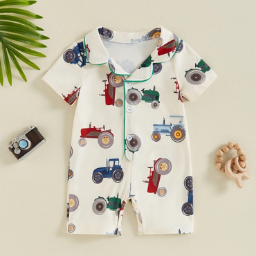 Short Sleeve Tractor Print Silk Pajamas