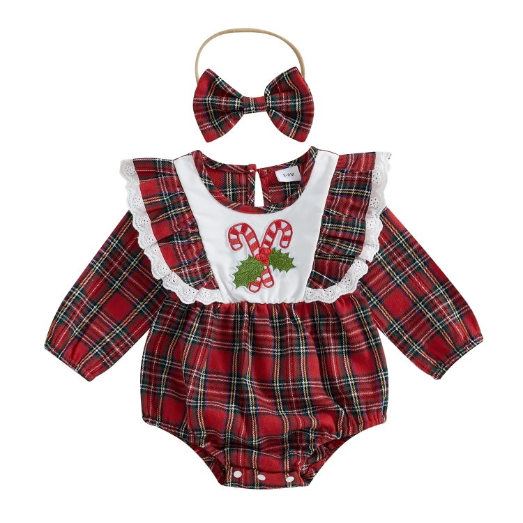 Cute Christmas Lace Plaid Baby Romper Set